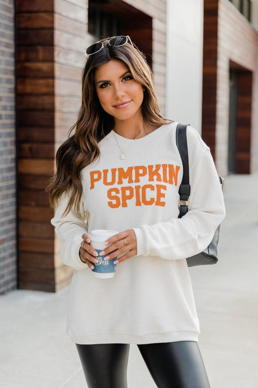 Pumpkin Spice Graphic Pullover Corded Ivory Sweatshirt