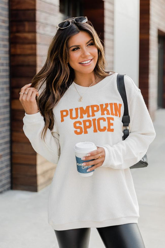 Pumpkin Spice Graphic Pullover Corded Ivory Sweatshirt