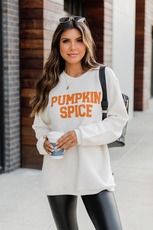 Pumpkin Spice Graphic Pullover Corded Ivory Sweatshirt