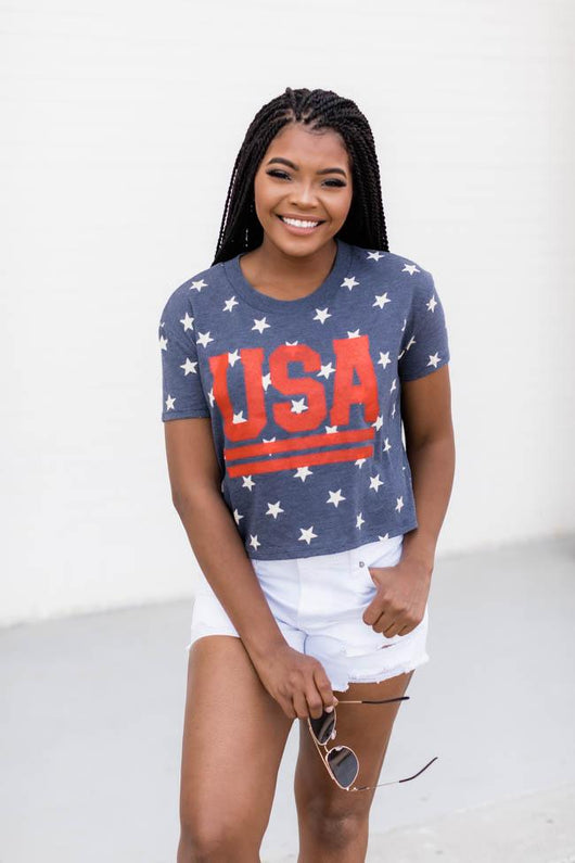 Vintage USA Stripes Cropped Graphic Tee Navy