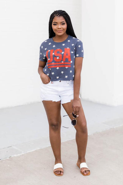Vintage USA Stripes Cropped Graphic Tee Navy