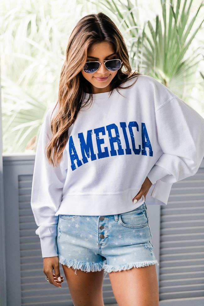 America Disressed Block White Cropped Corded Graphic Sweatshirt
