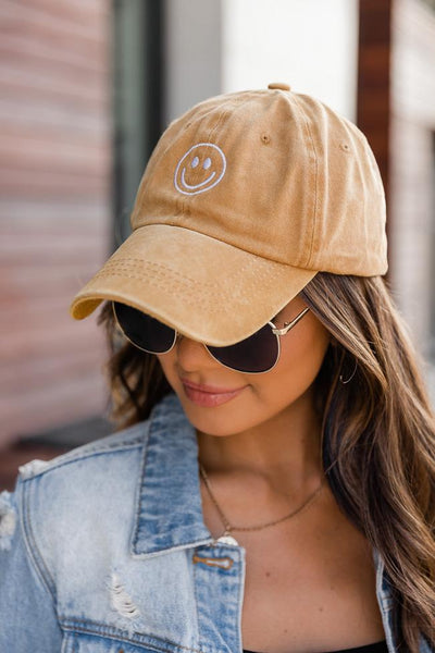 Smiley Face Embroidered Camel Baseball Cap