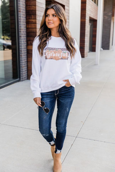 Grateful Pumpkin Graphic White Sweatshirt