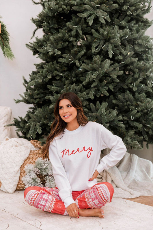 Merry Script Graphic White Sweatshirt