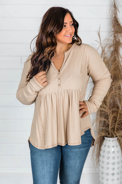Beautiful Things Waffle Knit Taupe Blouse