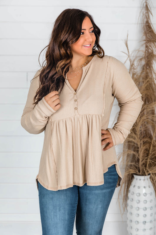 Beautiful Things Waffle Knit Taupe Blouse
