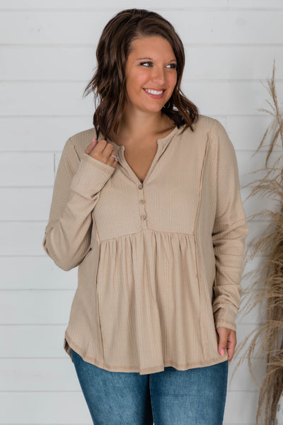 Beautiful Things Waffle Knit Taupe Blouse