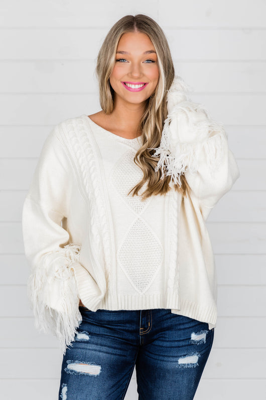 By The Firelight Ivory Fringe Sweater