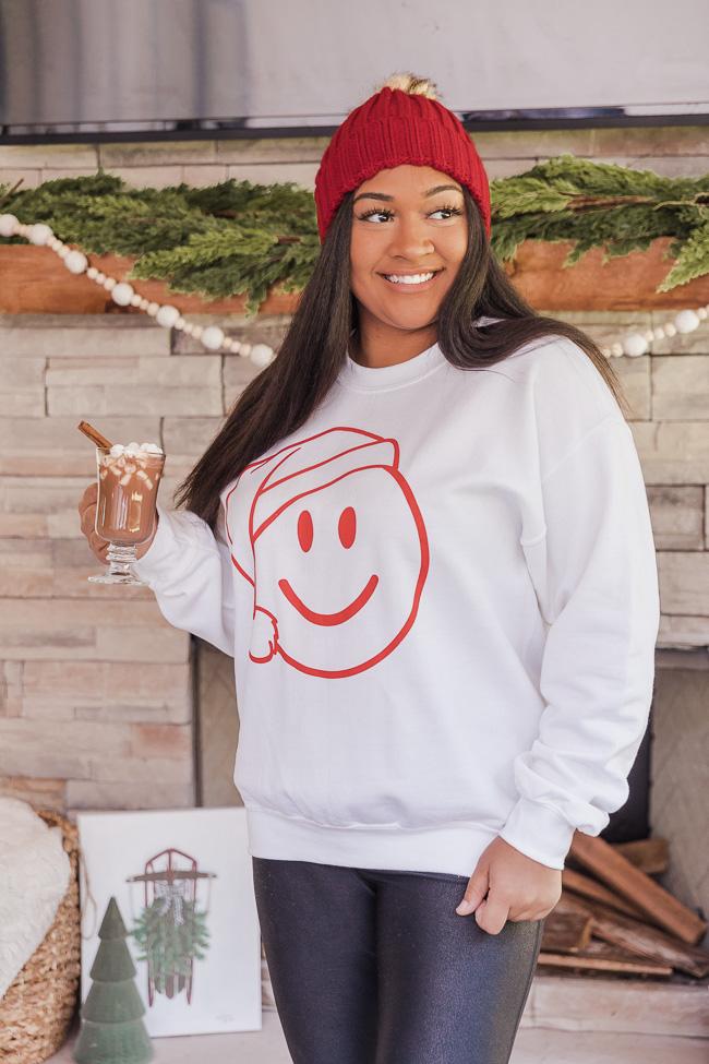 Santa Smiley White Graphic Sweatshirt