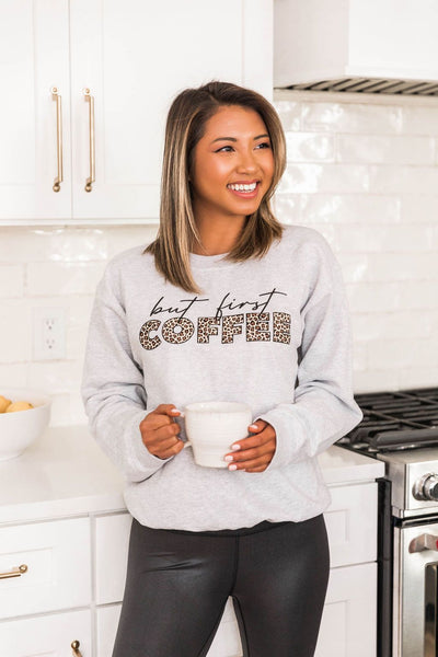 But First Coffee Animal Print Ash Graphic Sweatshirt