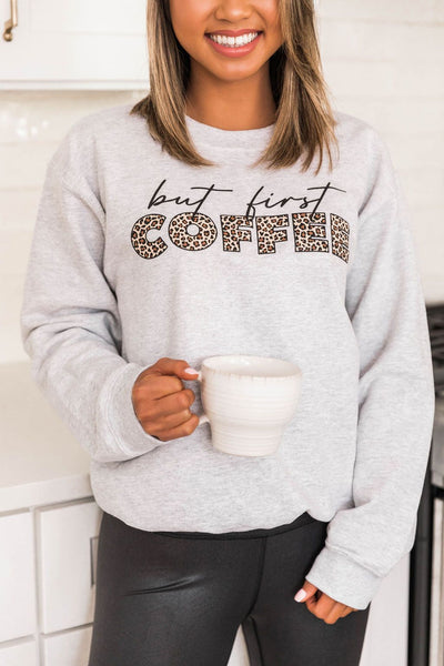 But First Coffee Animal Print Ash Graphic Sweatshirt