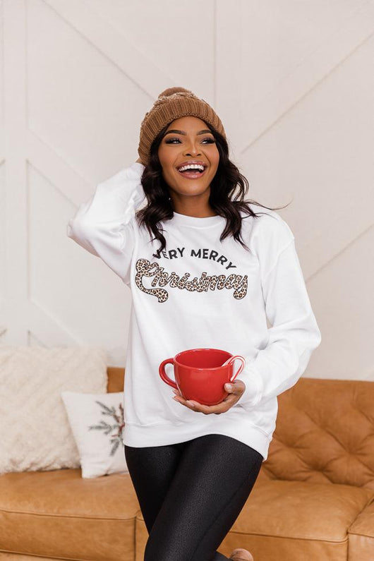 Animal Print Very Merry Christmas White Graphic Sweatshirt