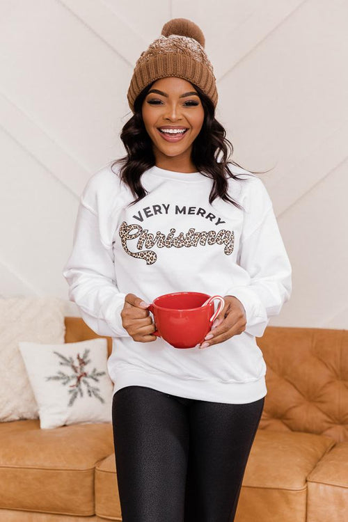 Animal Print Very Merry Christmas White Graphic Sweatshirt