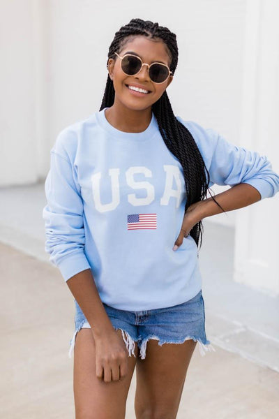 Athletic USA Flag Graphic Sweatshirt Light Blue