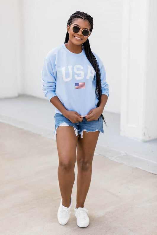 Athletic USA Flag Graphic Sweatshirt Light Blue