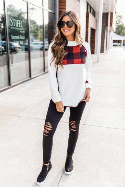 Dear To My Heart White/Red Plaid Pullover