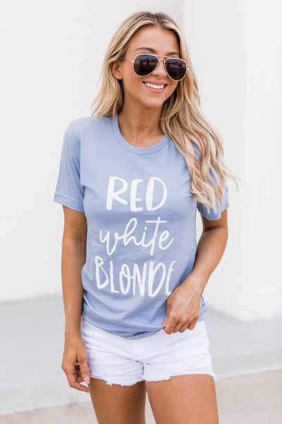 Red White Blonde Graphic Tee Dusty Blue