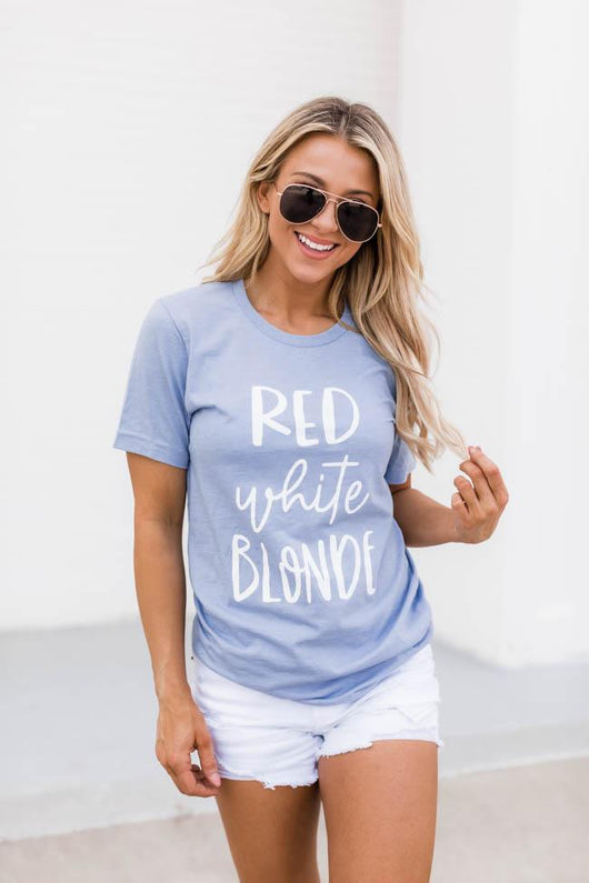 Red White Blonde Graphic Tee Dusty Blue