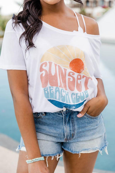Sunset Beach Club White Slouchy Graphic Tee