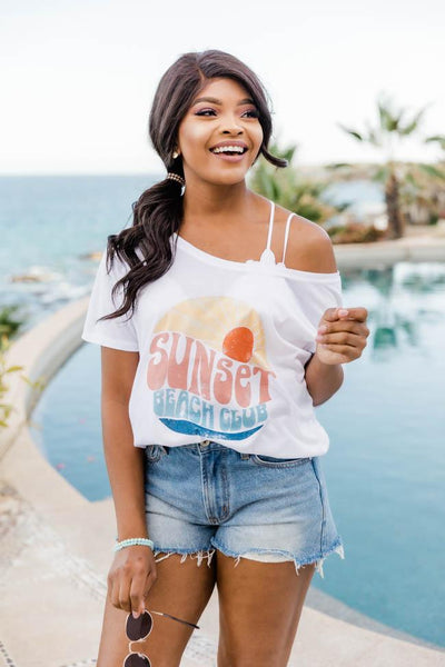 Sunset Beach Club White Slouchy Graphic Tee