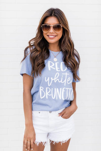 Red White Brunette Graphic Tee Dusty Blue