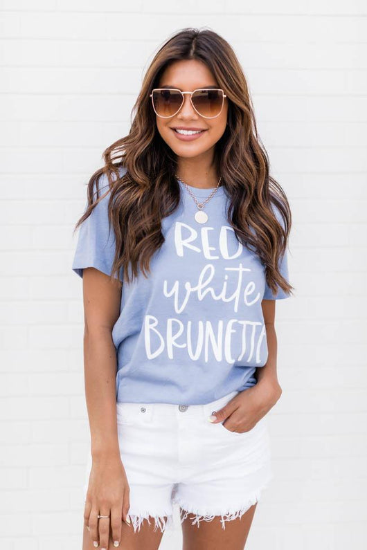 Red White Brunette Graphic Tee Dusty Blue