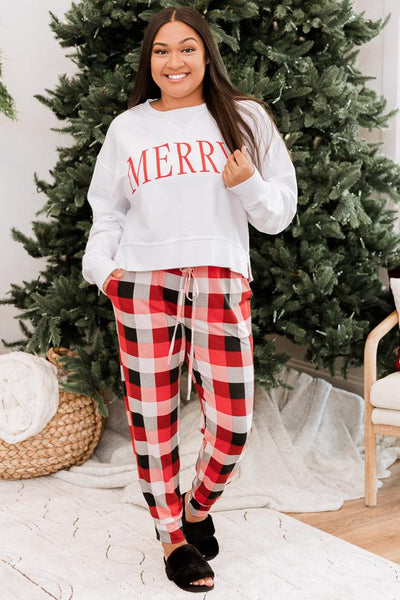 Merry Varsity White Cropped Corded Graphic Sweatshirt