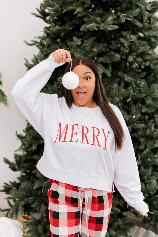 Merry Varsity White Cropped Corded Graphic Sweatshirt