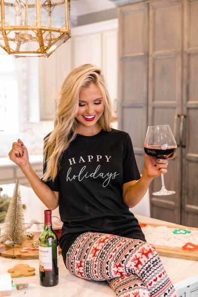 Happy Holidays Script Black Graphic Tee