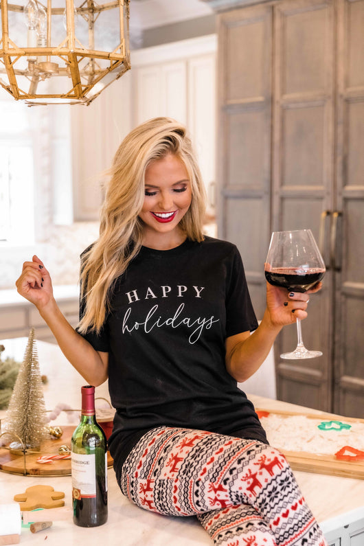 Happy Holidays Script Black Graphic Tee