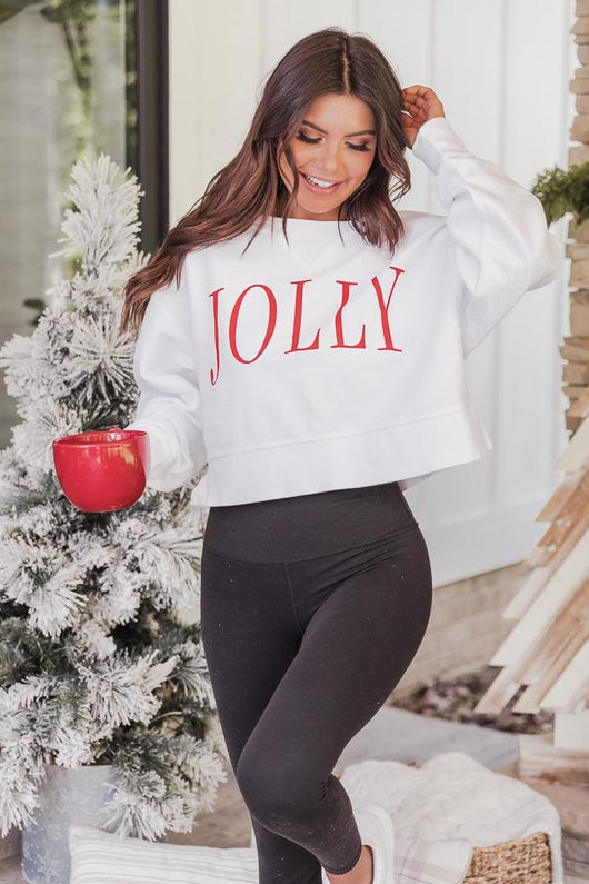 Jolly Varsity White Cropped Corded Graphic Sweatshirt