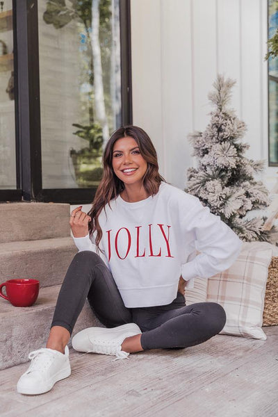 Jolly Varsity White Cropped Corded Graphic Sweatshirt