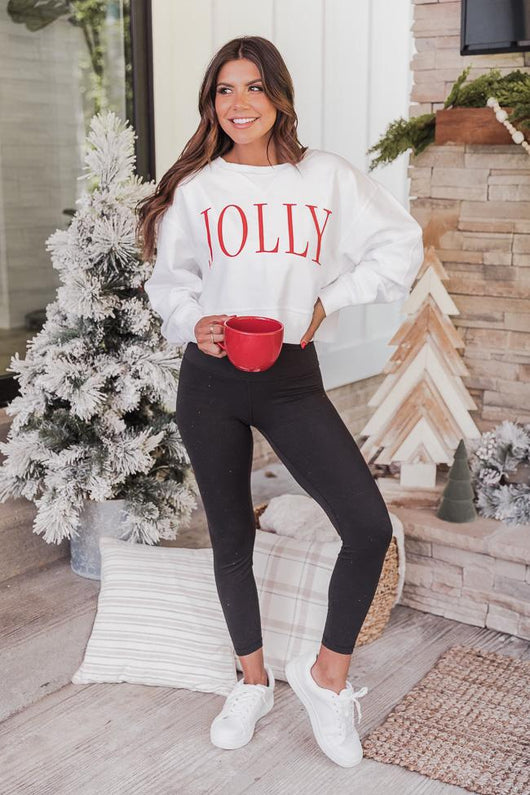 Jolly Varsity White Cropped Corded Graphic Sweatshirt