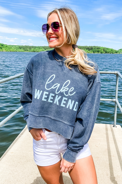 Lake Weekend Cropped Corded Graphic Sweatshirt Navy
