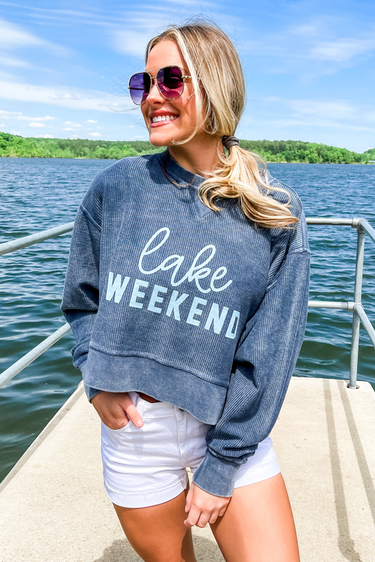 Lake Weekend Cropped Corded Graphic Sweatshirt Navy