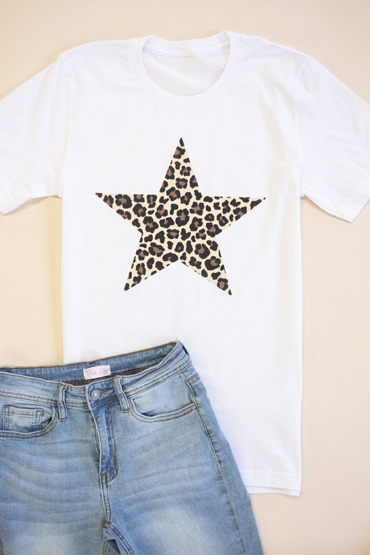 Animal Print Star Design White Graphic Tee