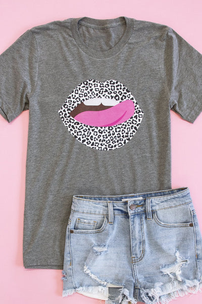 White Animal Print Lips Grey Graphic Tee
