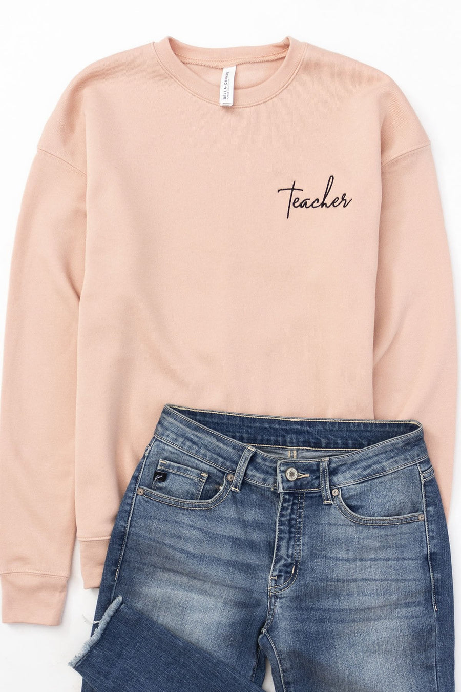 Teacher Embroidered Script Peach Graphic Sweatshirt