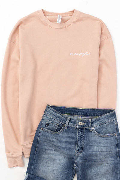 Nurse Embroidered Script Peach Graphic Sweatshirt