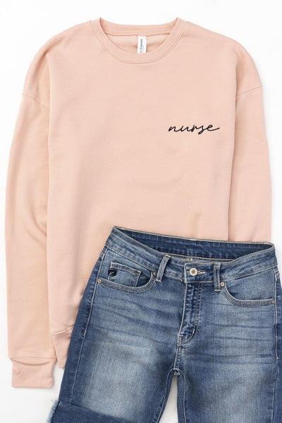 Nurse Embroidered Script Peach Graphic Sweatshirt