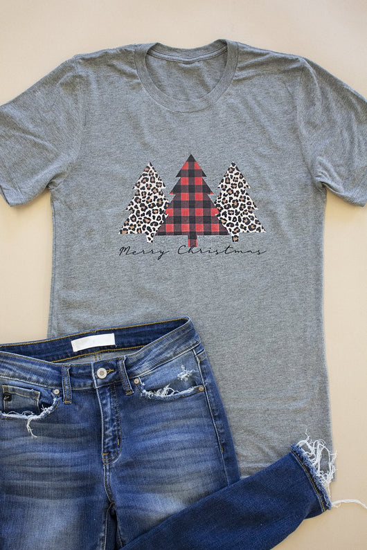 Plaid And Animal Print Trees Grey Graphic Tee