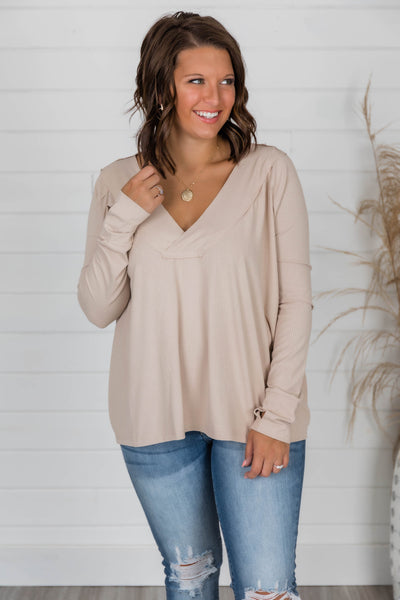 I'm A Believer V-Neck Blouse Beige
