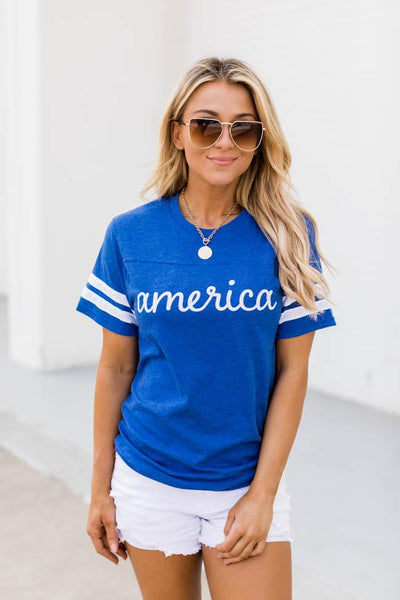 America Script Varsity Graphic Tee Blue
