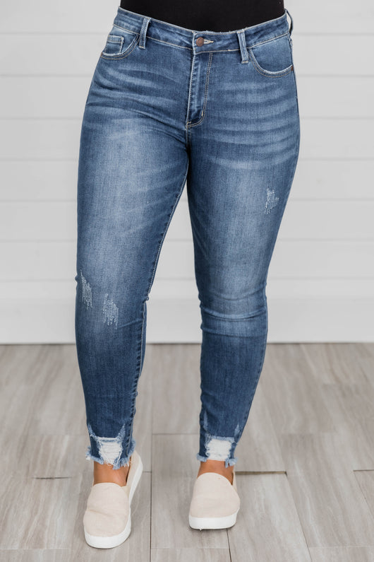 Jolie Distressed Hem Medium Wash Jeans