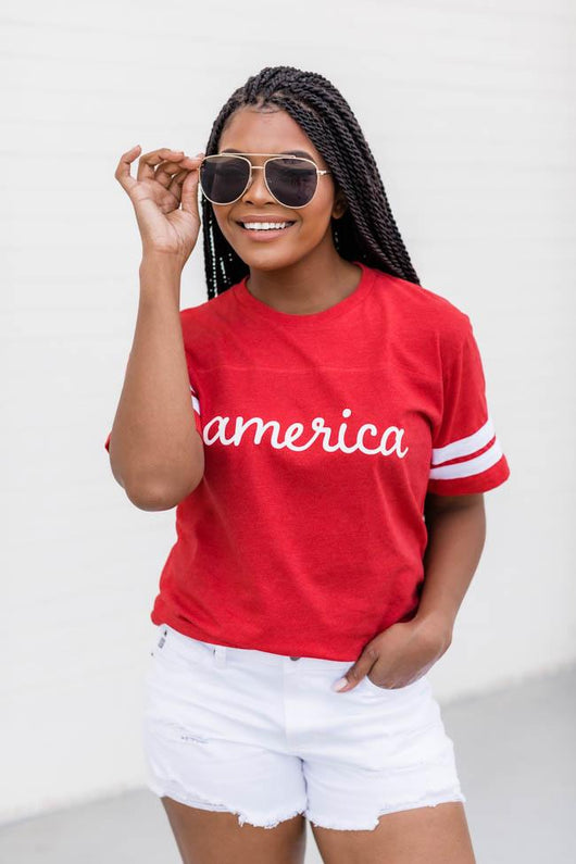 America Script Varsity Red Tee