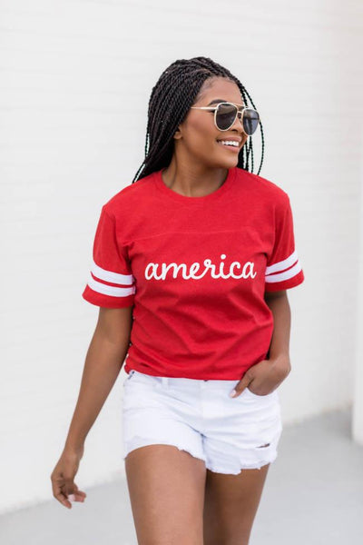 America Script Varsity Red Tee