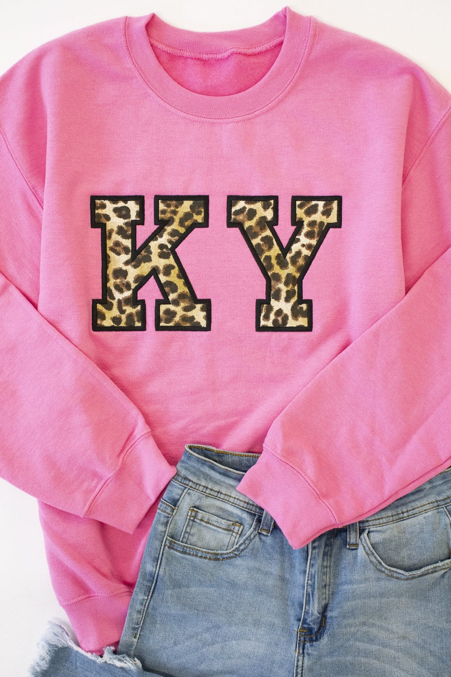 Leopard Print State Letters Azalea Pink Applique Sweatshirt