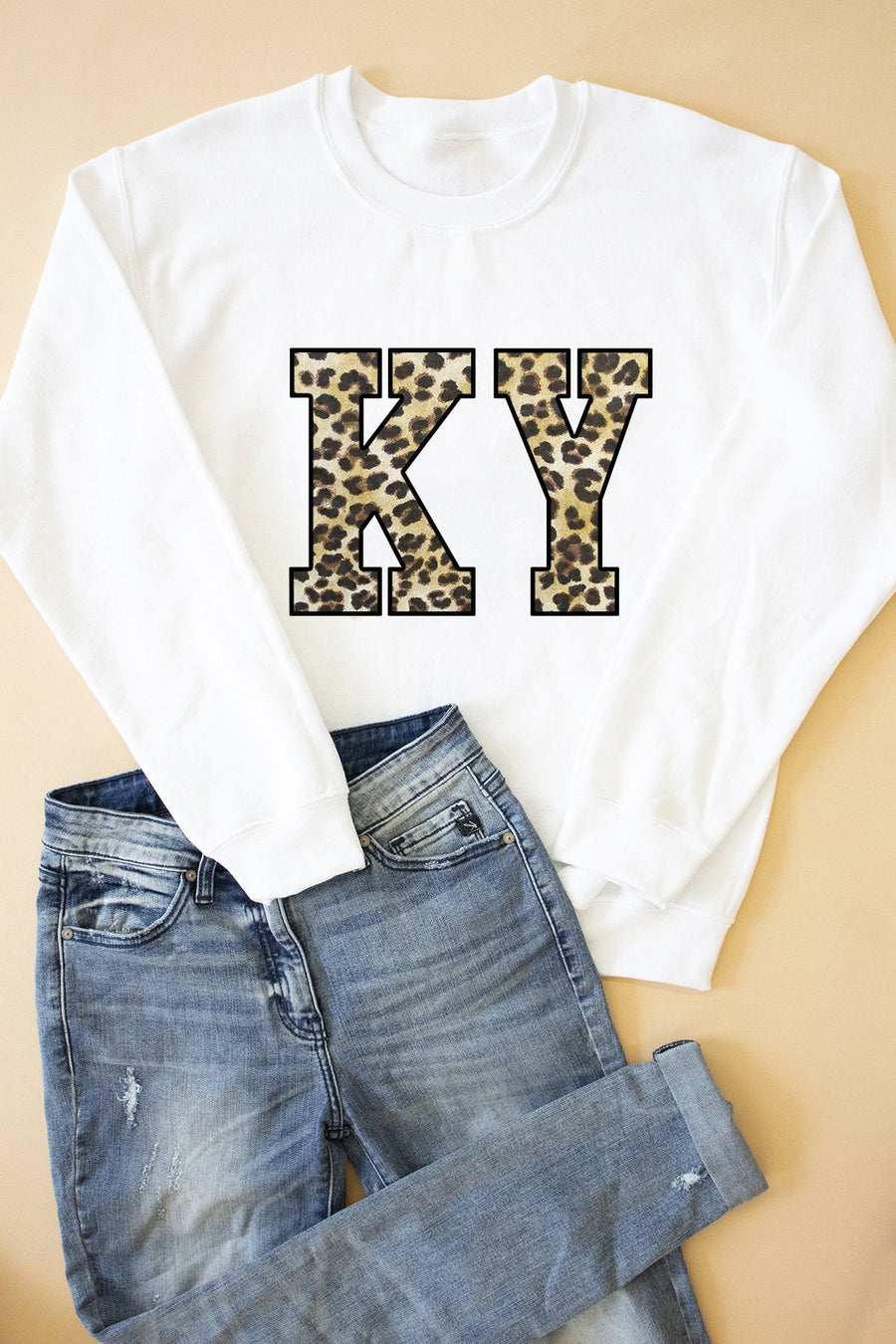 Leopard Print State Letters White Applique Sweatshirt