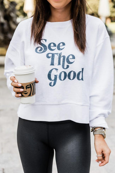 LIVING MY BEST STYLE X PINK LILY See The Good White Cropped Corded Graphic Sweatshirt